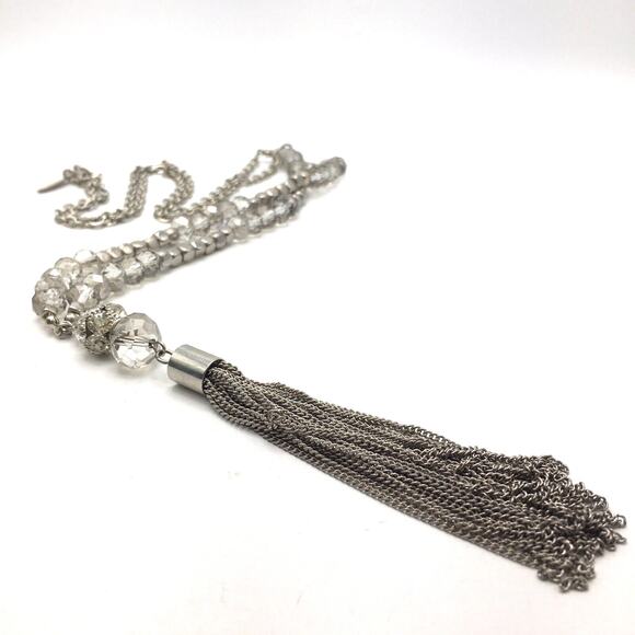 Signed NY Faceted Crystal Bead Silver Tone Chain Tassel Pendant Tassel Necklace - Picture 4 of 6